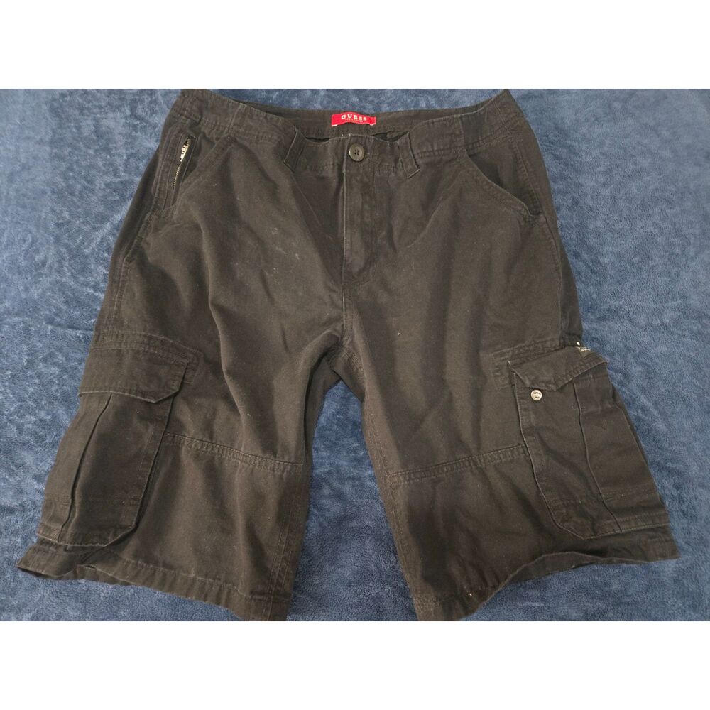 GUESS Men’s Black Cargo Shorts Size 34 Cotton Utility Zip Pockets